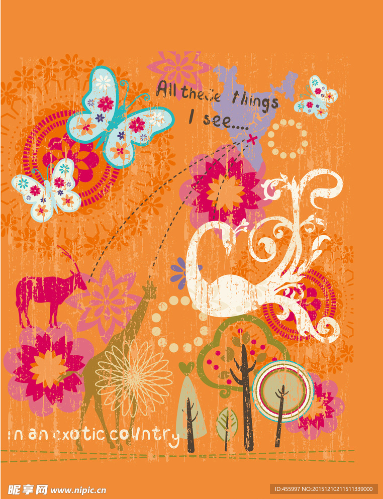 矢量卡通花朵蝴蝶印花图案