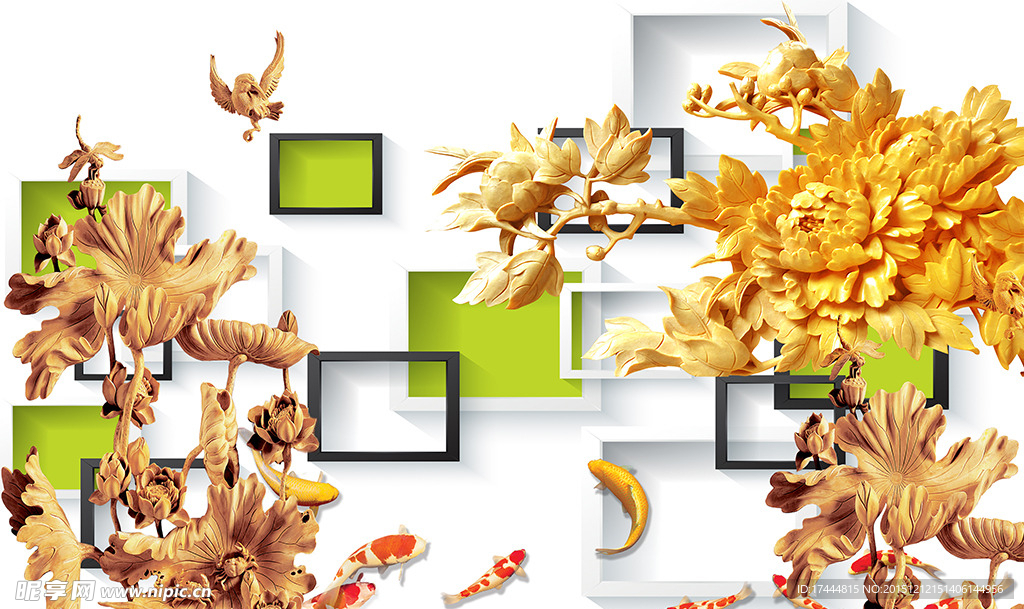 3D立体木雕牡丹荷花背景墙壁画