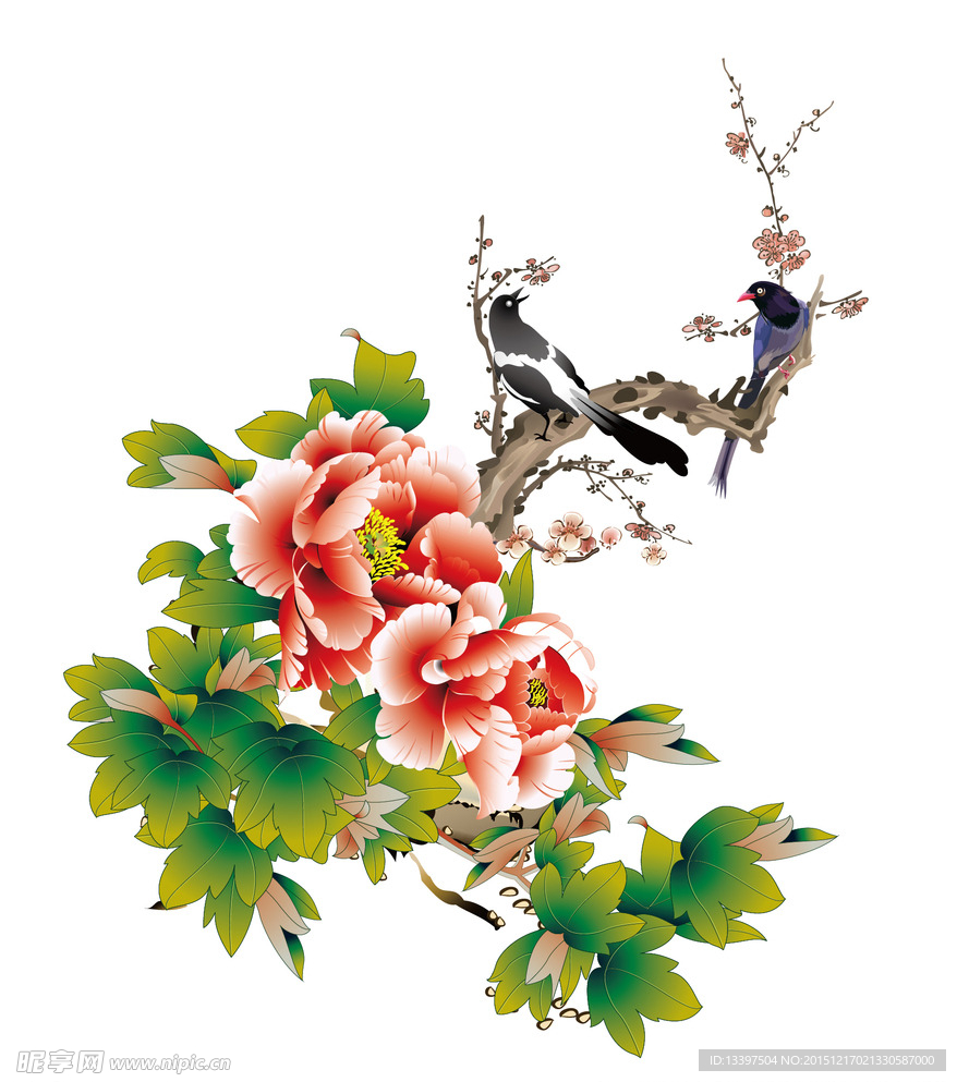 矢量牡丹喜鹊