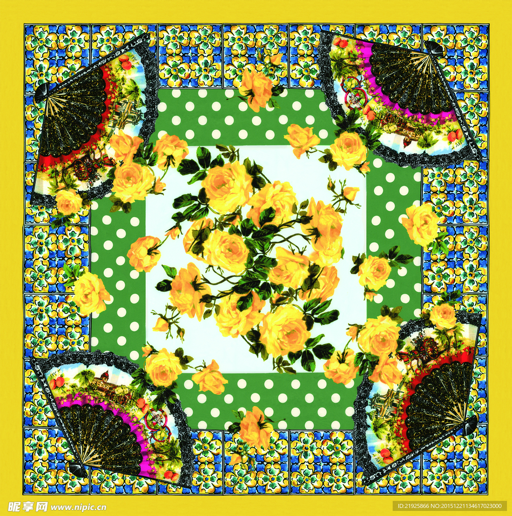 数码印花扇子黄花