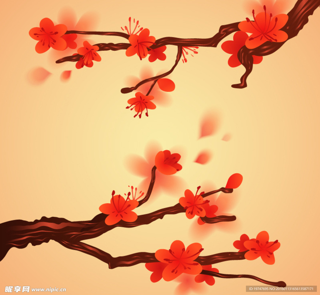 红色水彩梅花花枝矢量素材