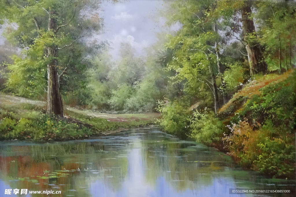 油画森林小溪