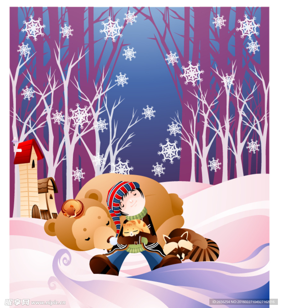 雪地里的小动物和小女孩插画
