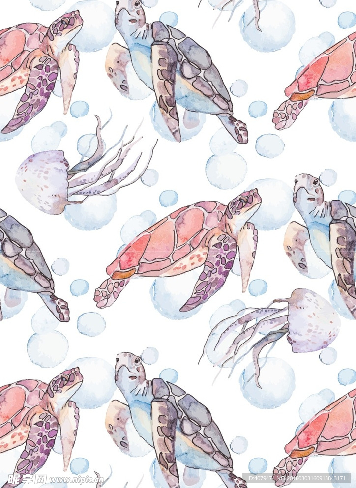 彩色 乌龟 排列 水彩 海底