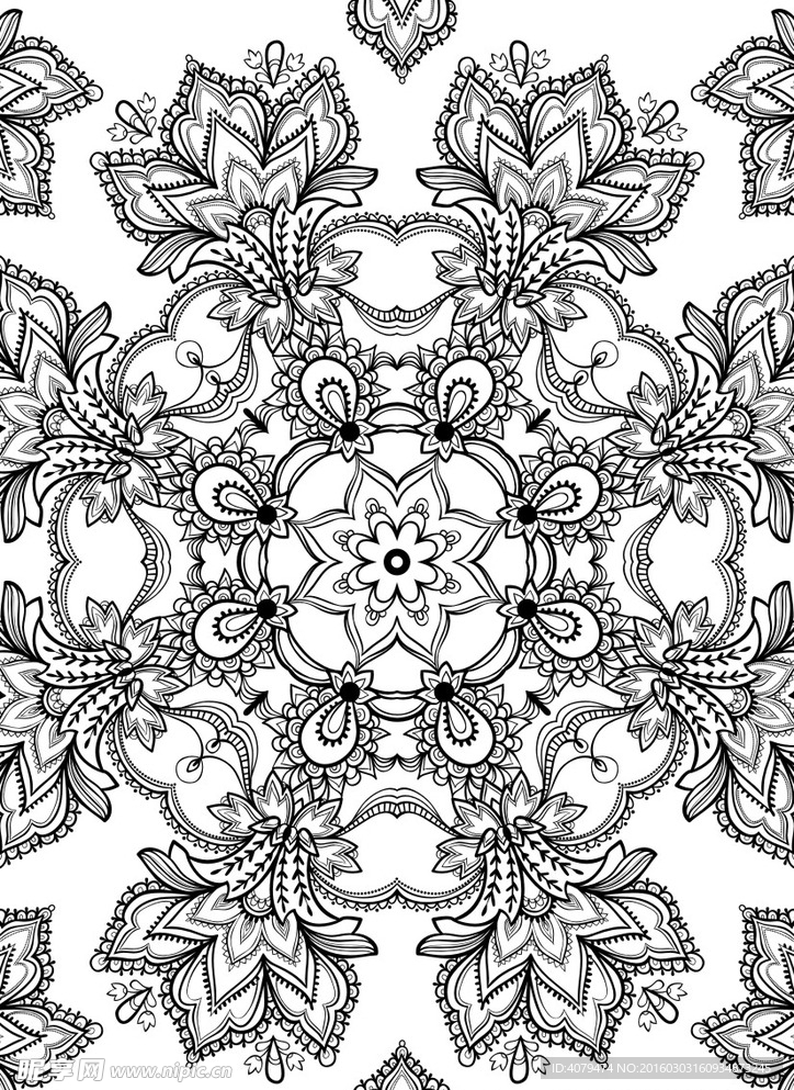 花 黑白 线条 对称 中心