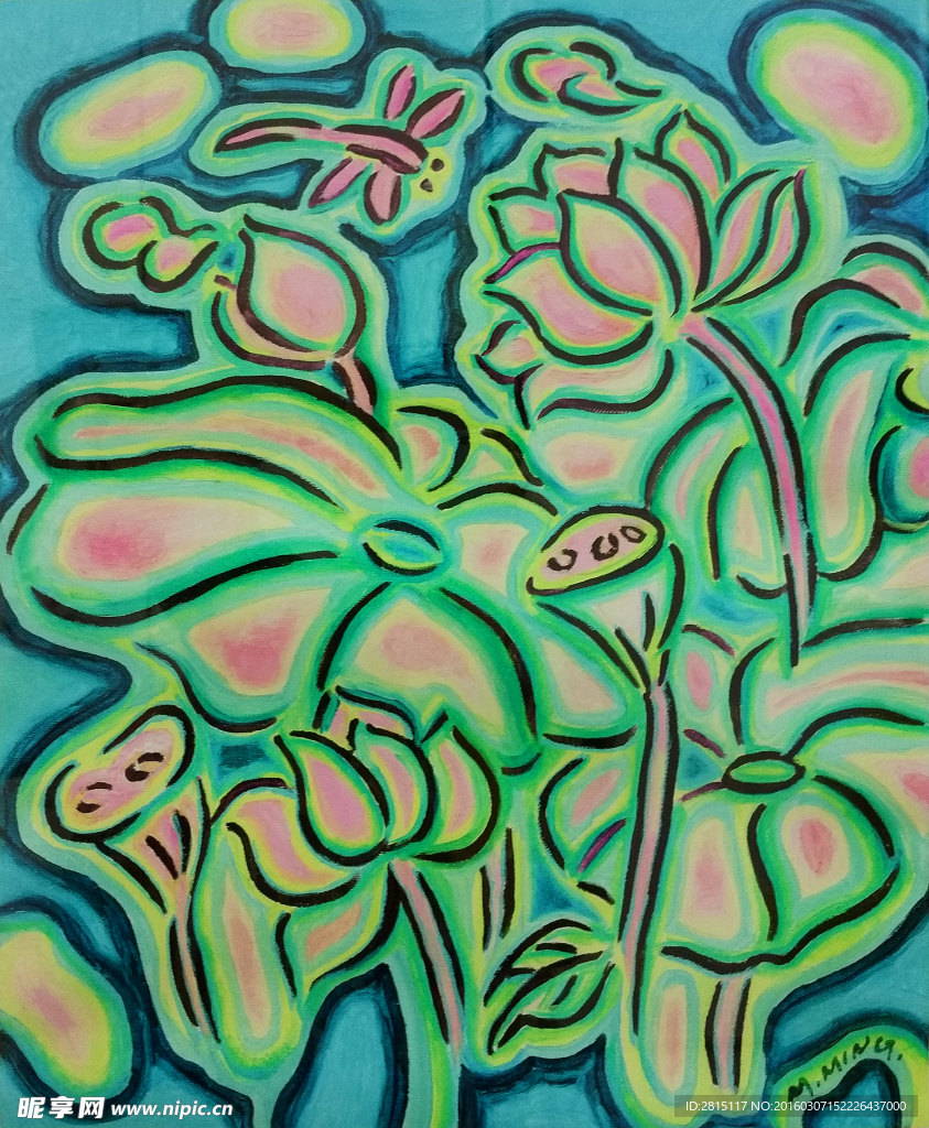 抽象荷叶荷花油画