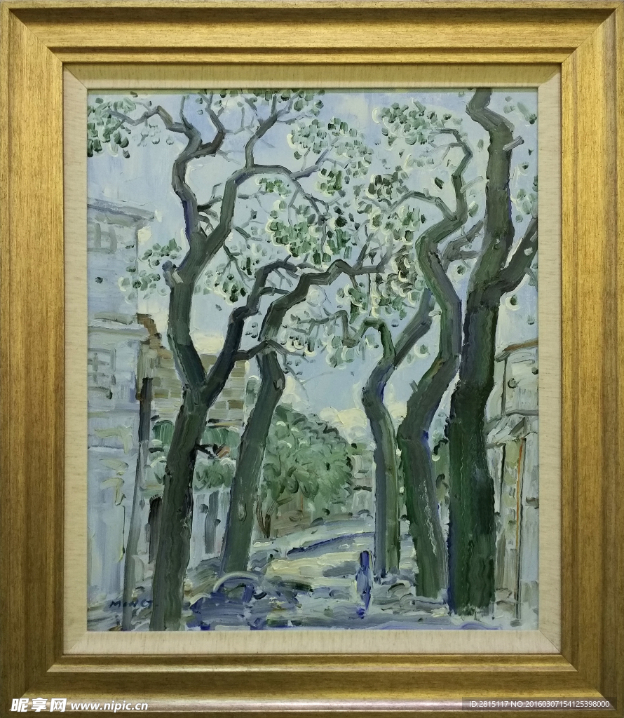街道树木油画作品