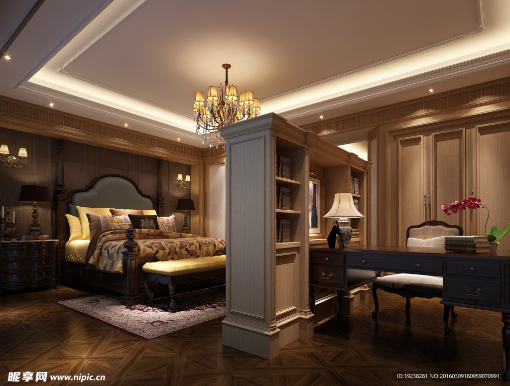 效果图 卧室 背景 护墙 书柜