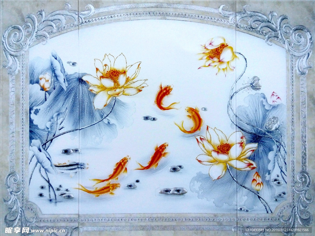 艺术玻璃 隔断 背景墙 荷花鱼