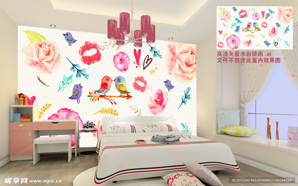 水彩相思鸟壁画