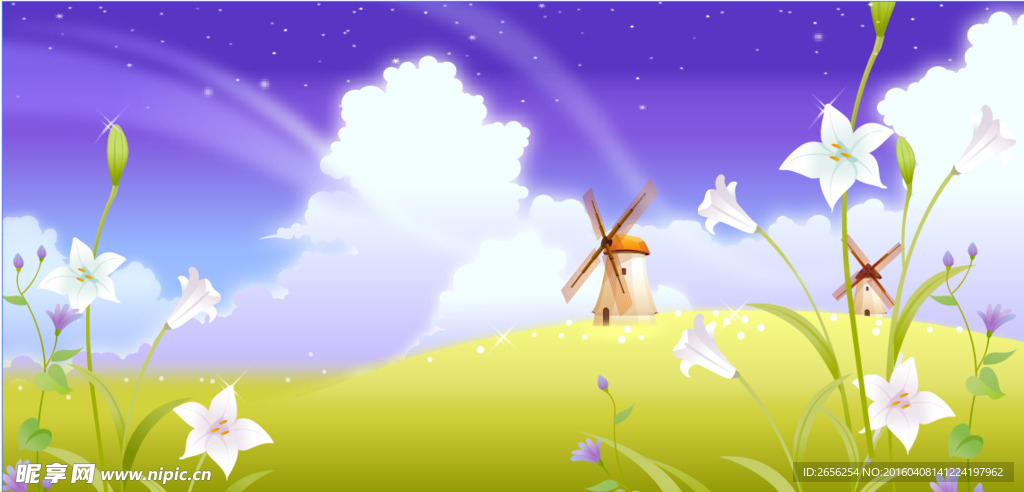 星空风车和花朵 矢量风景