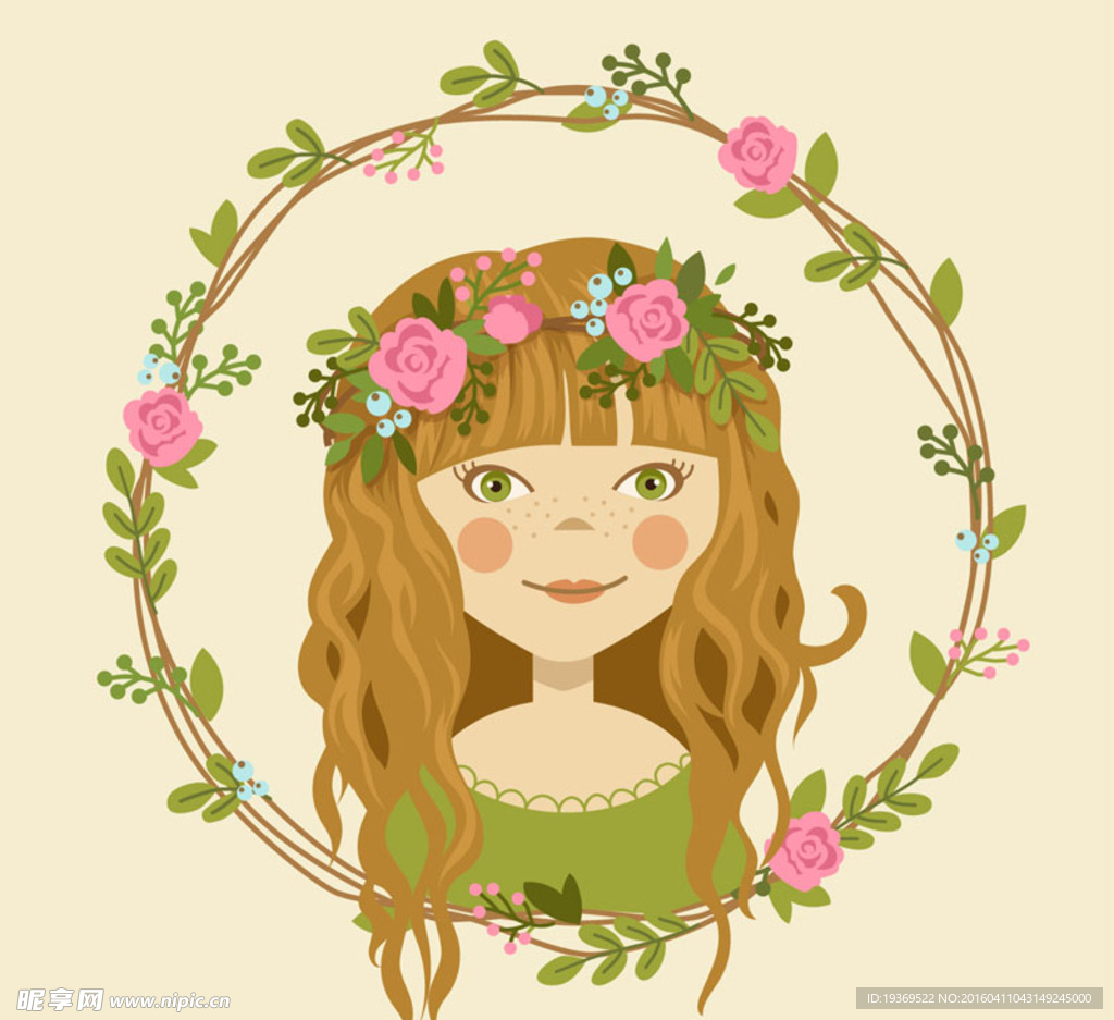 卡通头戴花环的女孩