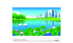 城市风景城市湖水矢量