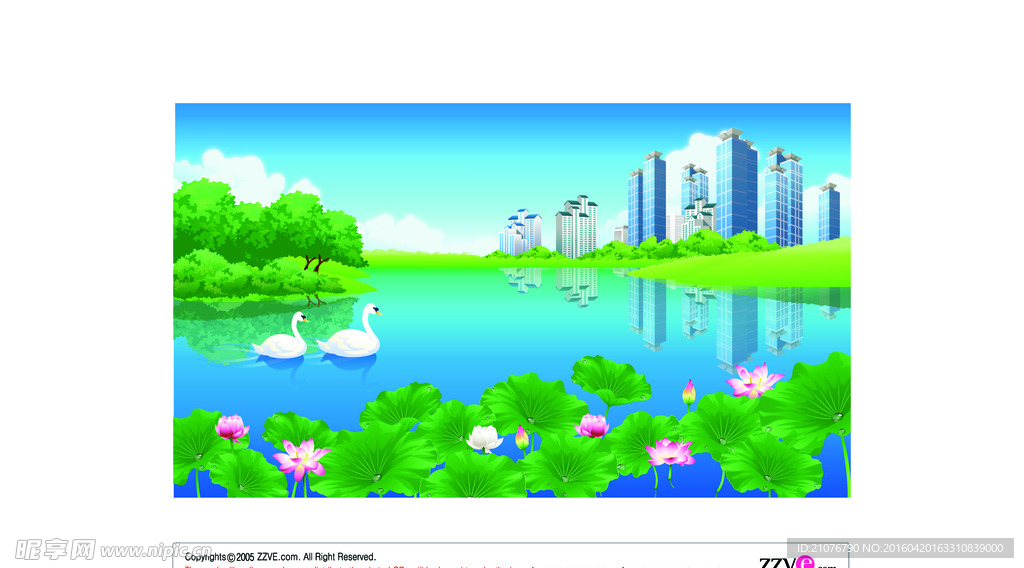 城市风景城市湖水矢量