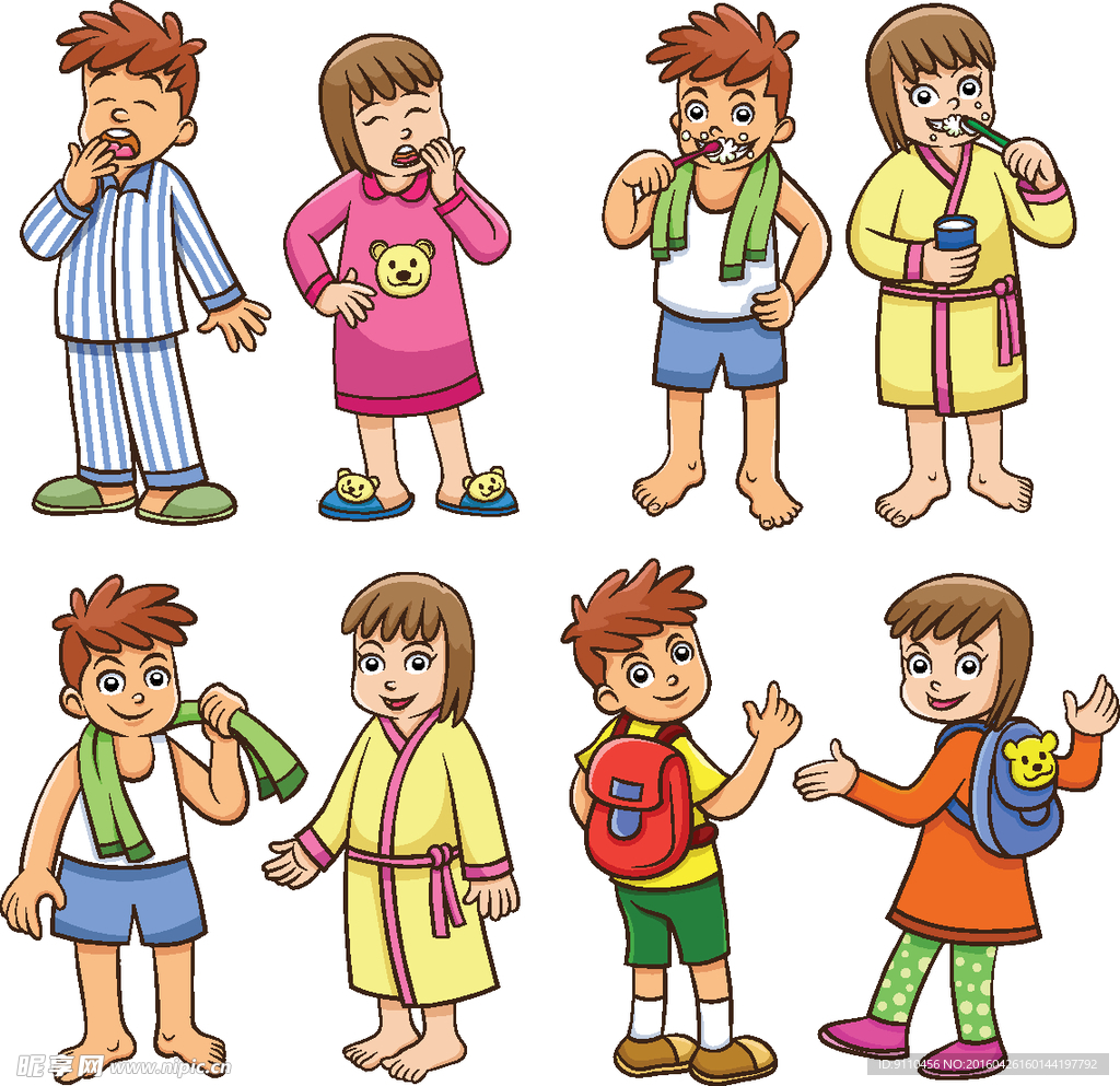 卡通刷牙洗澡的小孩