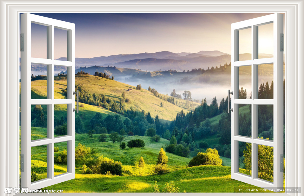 3D窗户高山绿草美景