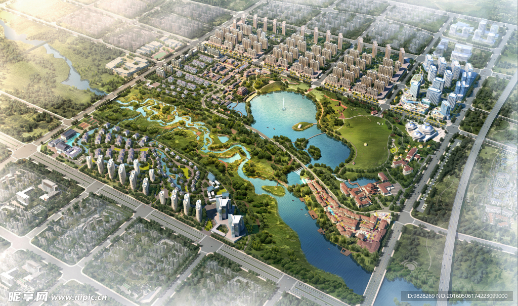 城市设计 中式商业街小镇鸟瞰图