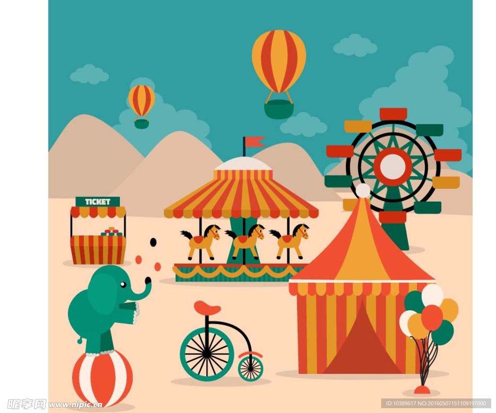 马戏团动物和装饰元素海报