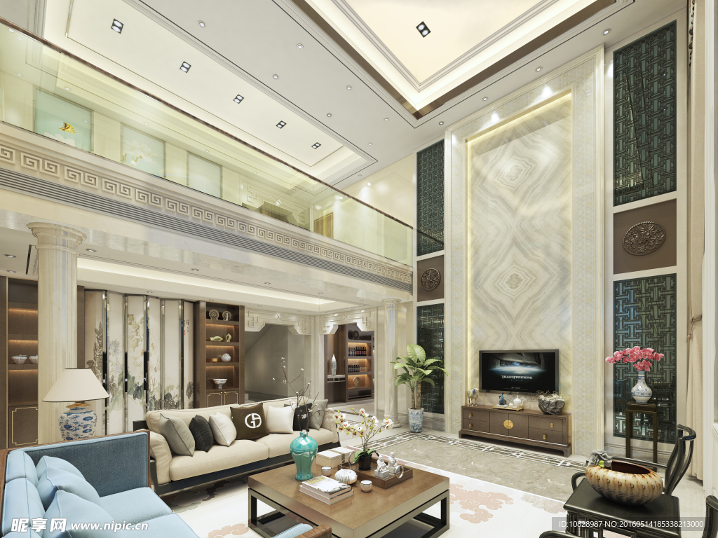 新中式客厅玄关别墅效果图