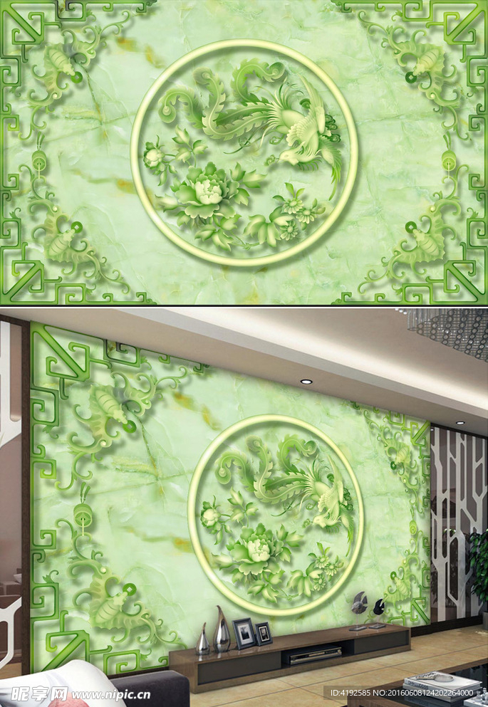 浮雕凤凰牡丹玉雕电视背景墙壁画