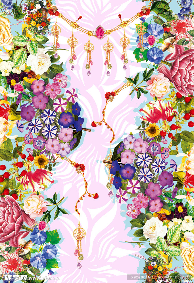 时尚花卉珠宝数码印花图案