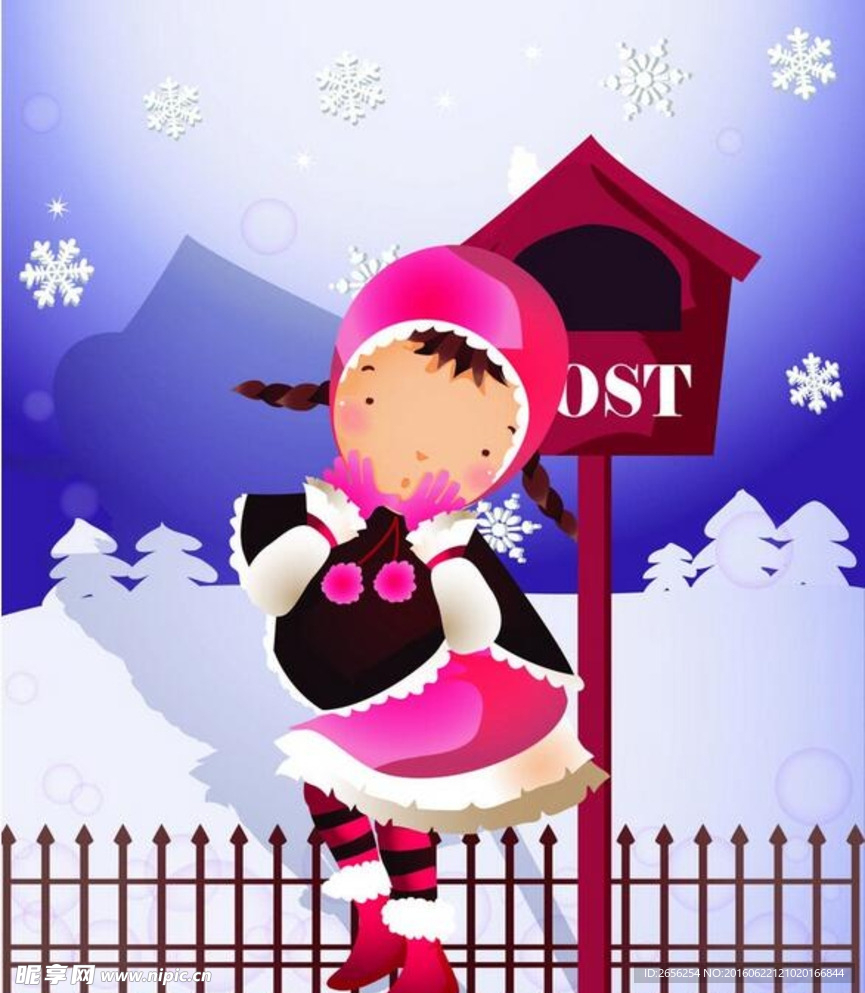 邮箱边的小女孩人物插画