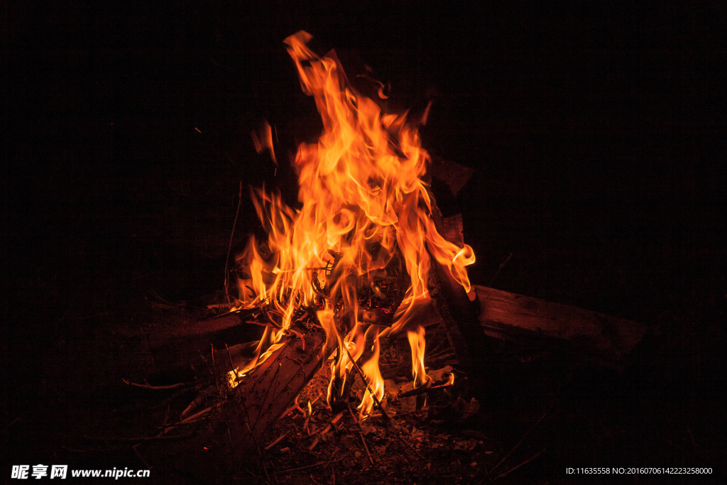夜色下的篝火火焰
