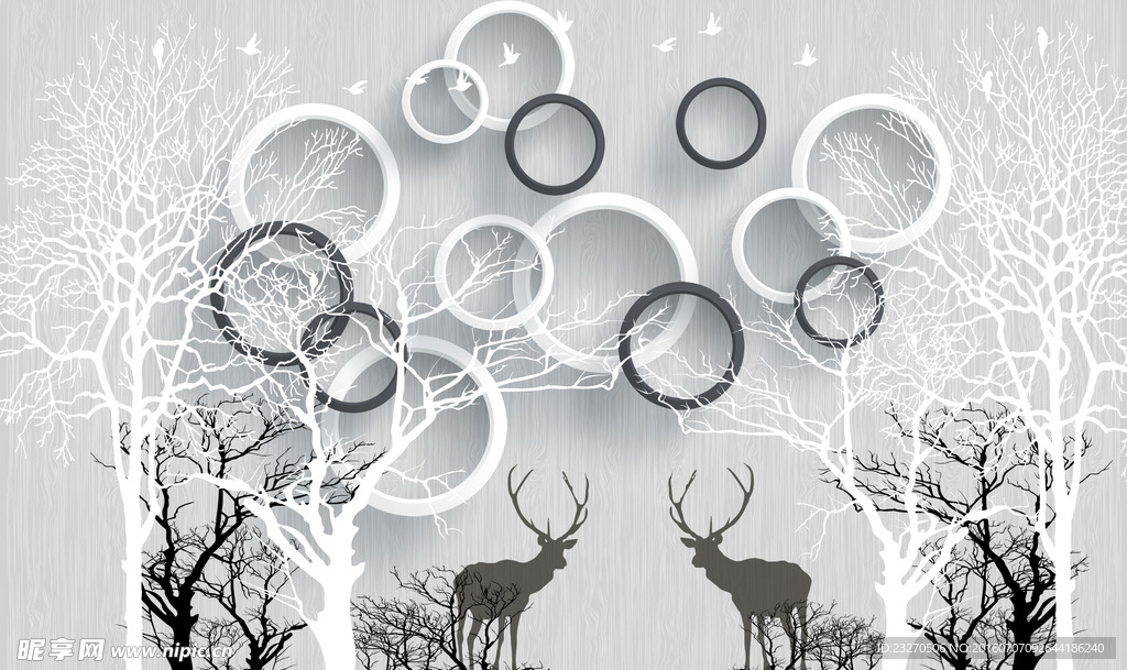 3D抽象手绘糜鹿圆圈背景墙