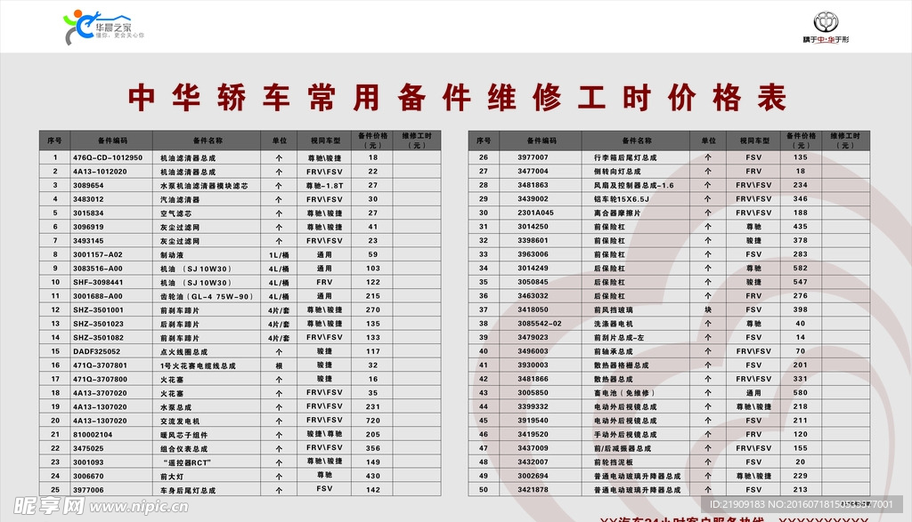 轿车维修工时展板