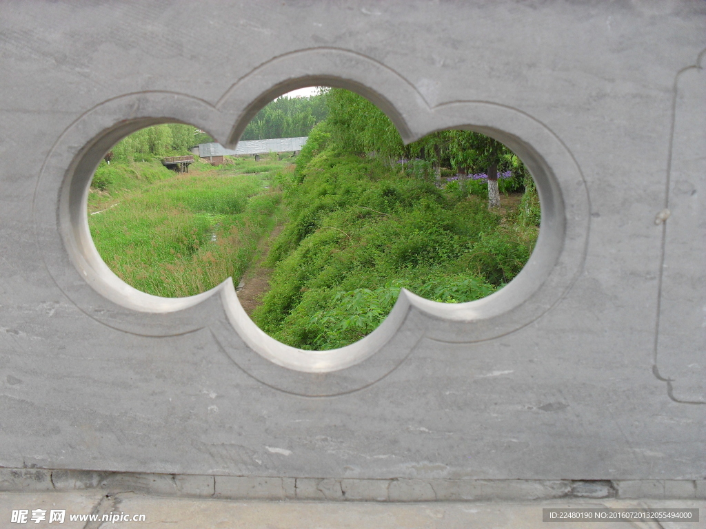 石头孔洞看绿色植物