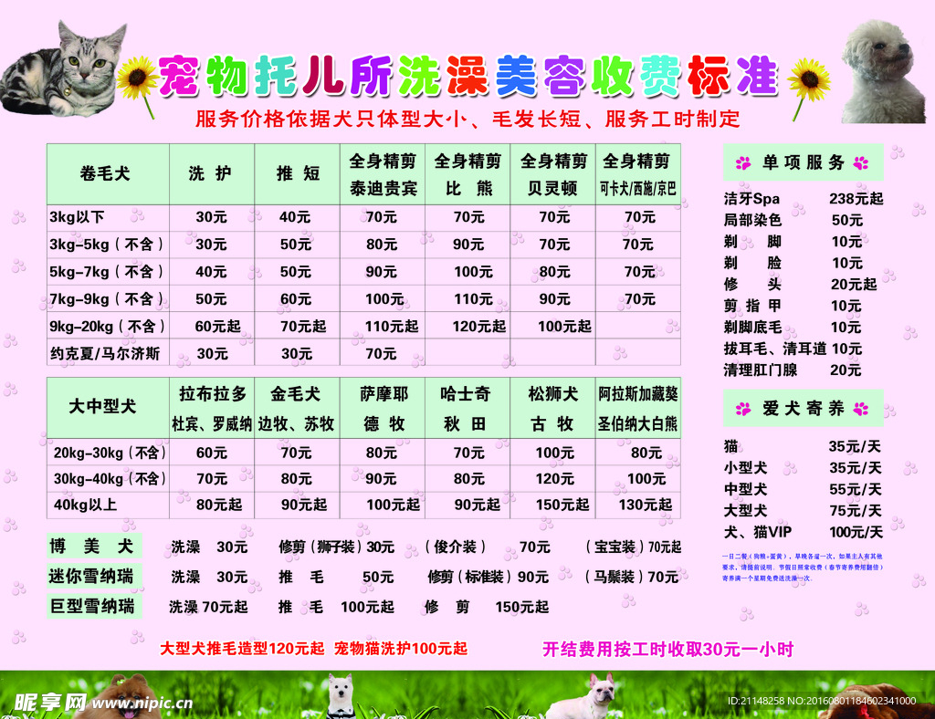 宠物价目表