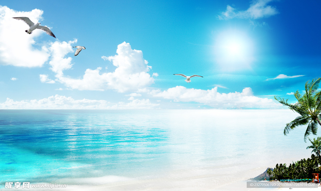 蓝天白云唯美海滩海景电视背景墙