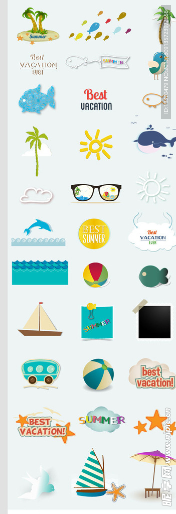 夏日矢量素材 沙滩 帆船 鱼