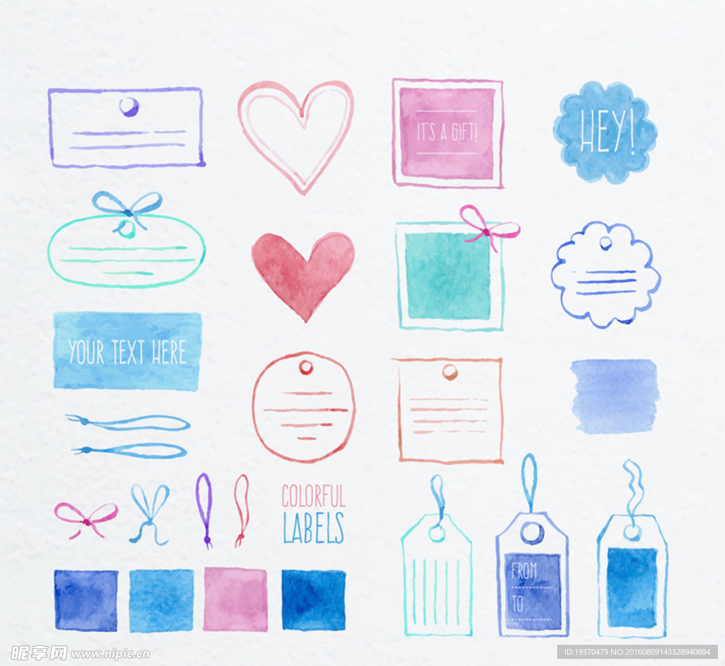 卡通水彩标签爱心 吊牌丝带