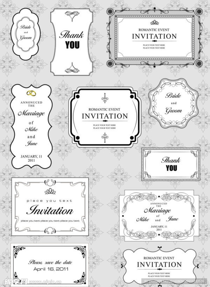 欧式复古黑白花边相框 矢量素材