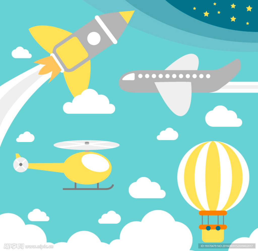卡通飞机火箭热气球 云 矢量图