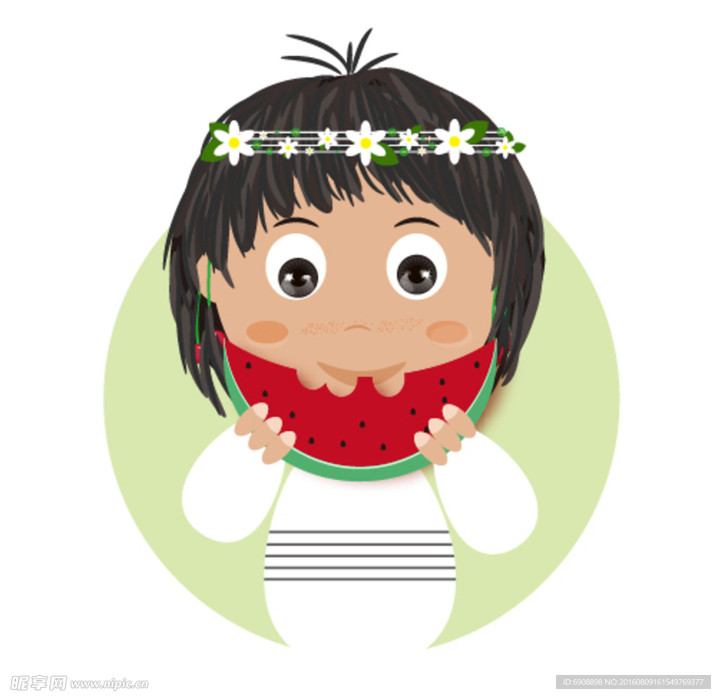 卡通吃西瓜的女孩
