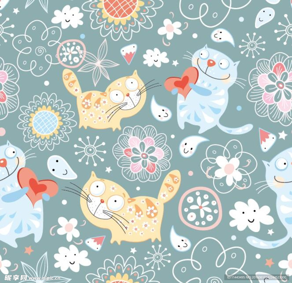 卡通小猫心形情人节背景