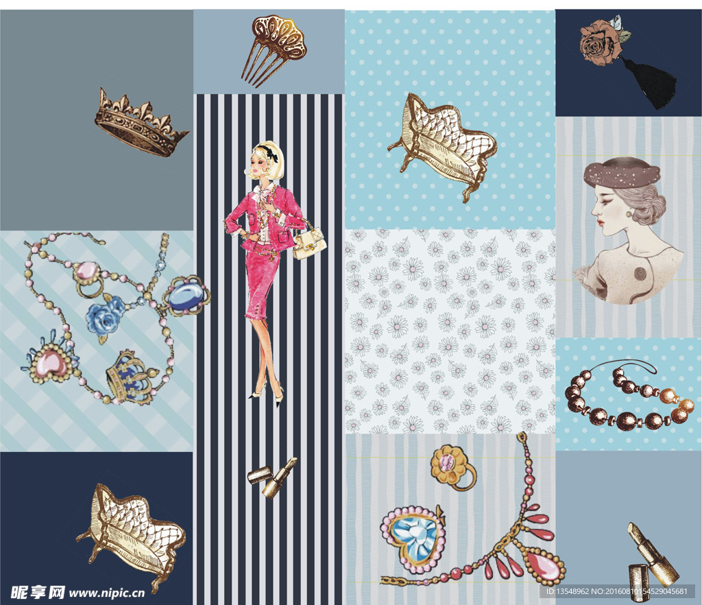 复古碎花少女拼接图