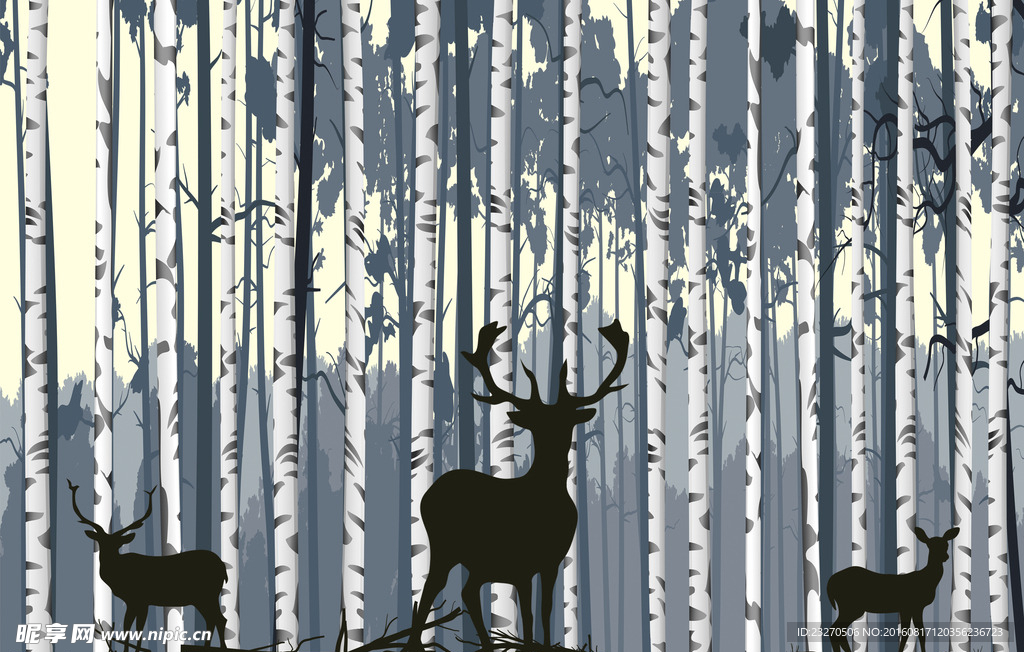 3D手绘怀旧鹿树林抽象背景墙