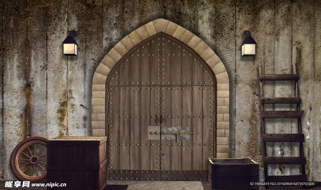 5d欧式复古怀旧车轮梯子门