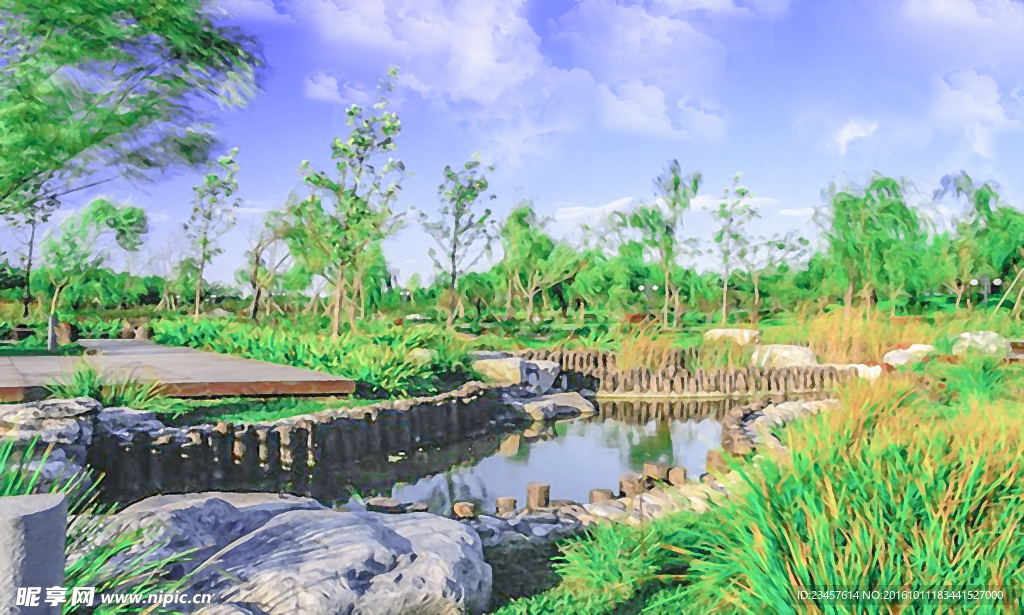 树木 蓝天 流水