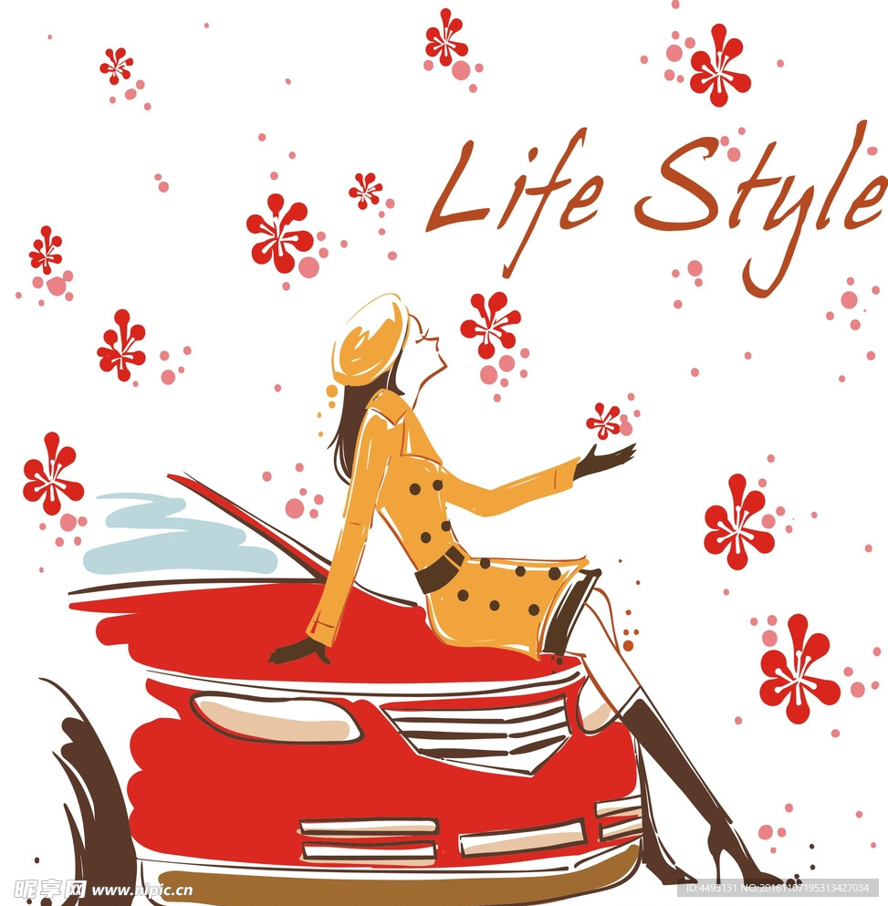 硅藻泥花纹 美女与豪车