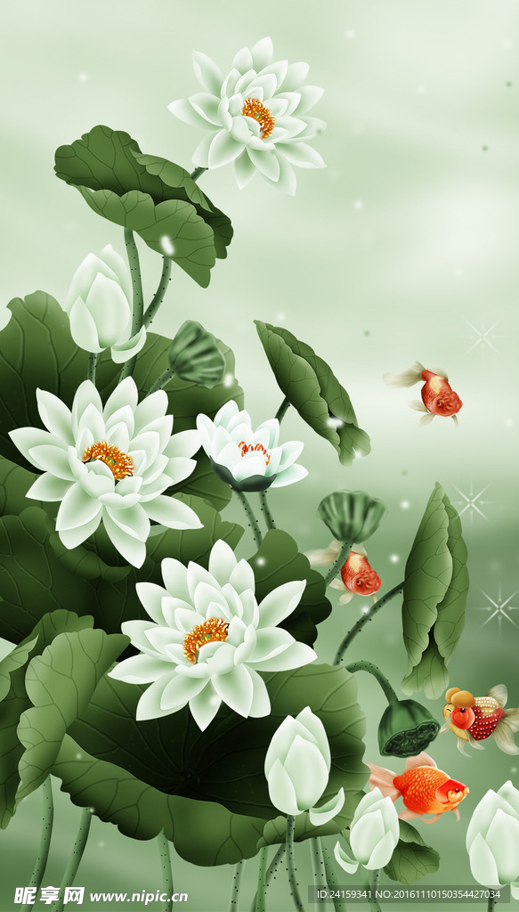 玄关荷花九鱼图