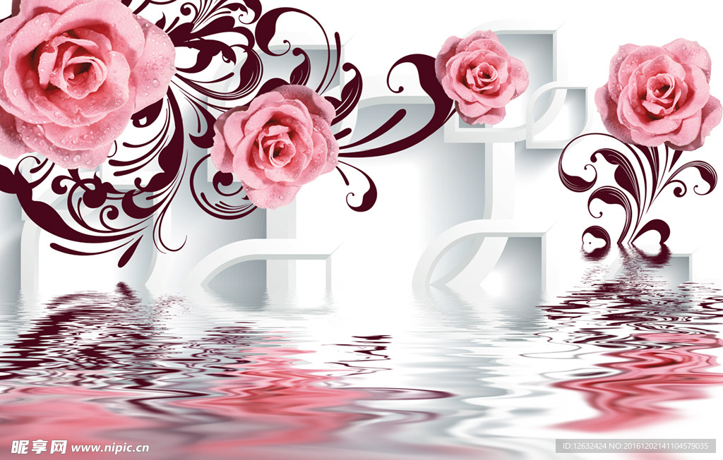 3D欧式玫瑰花藤电视墙