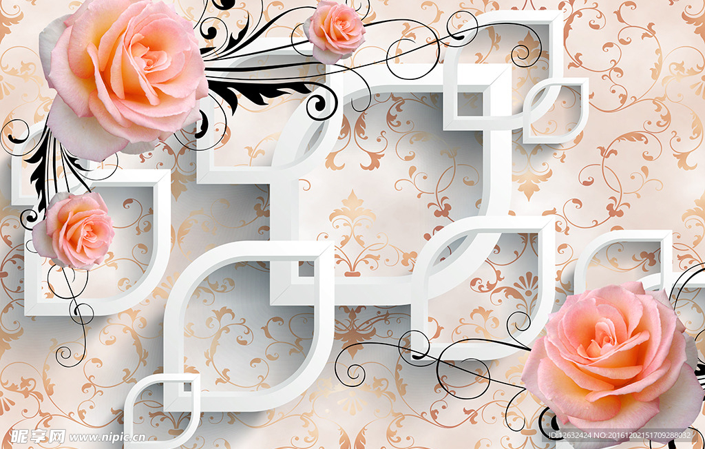 3D香槟玫瑰清新背景墙