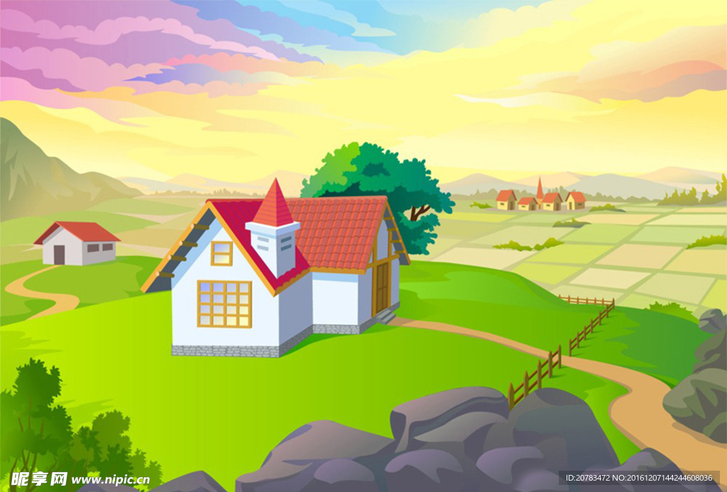 田园风景 农家场景 卡通背景