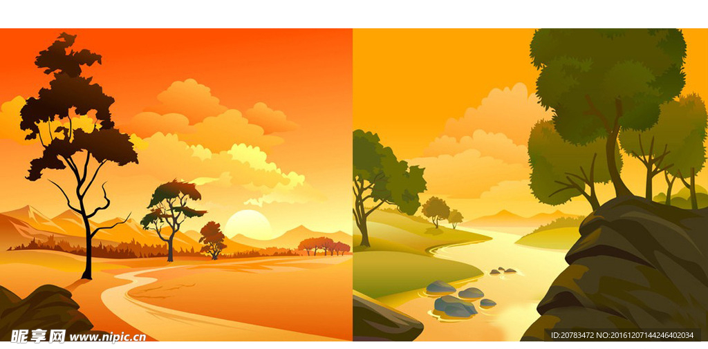 夕阳风景 黄昏场景 卡通背景