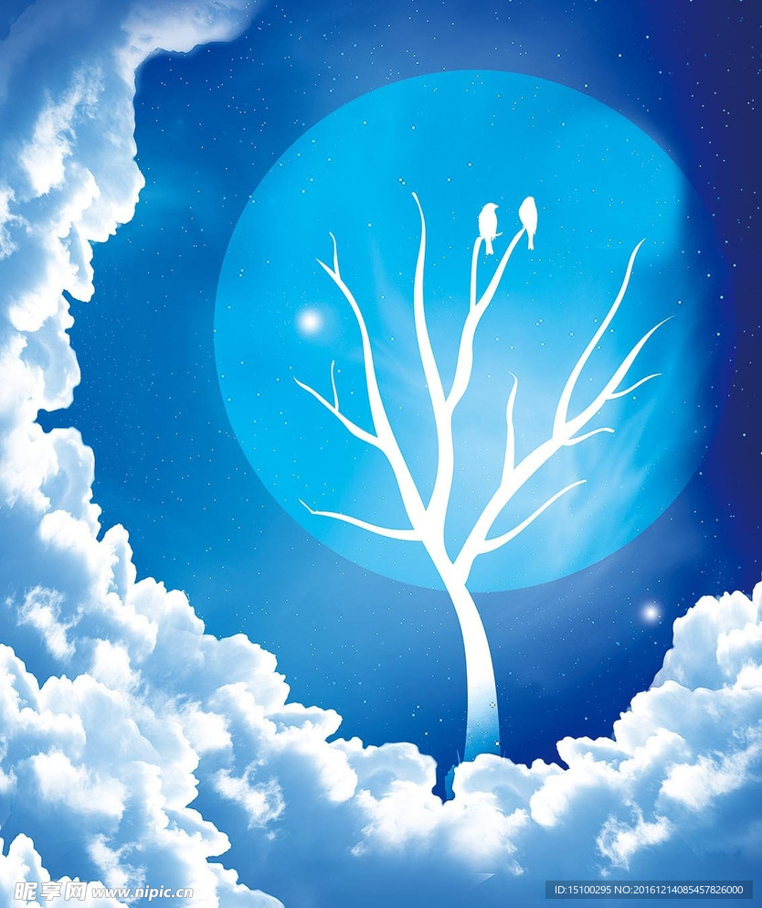 蓝天白云创意月亮小鸟树枝天花吊