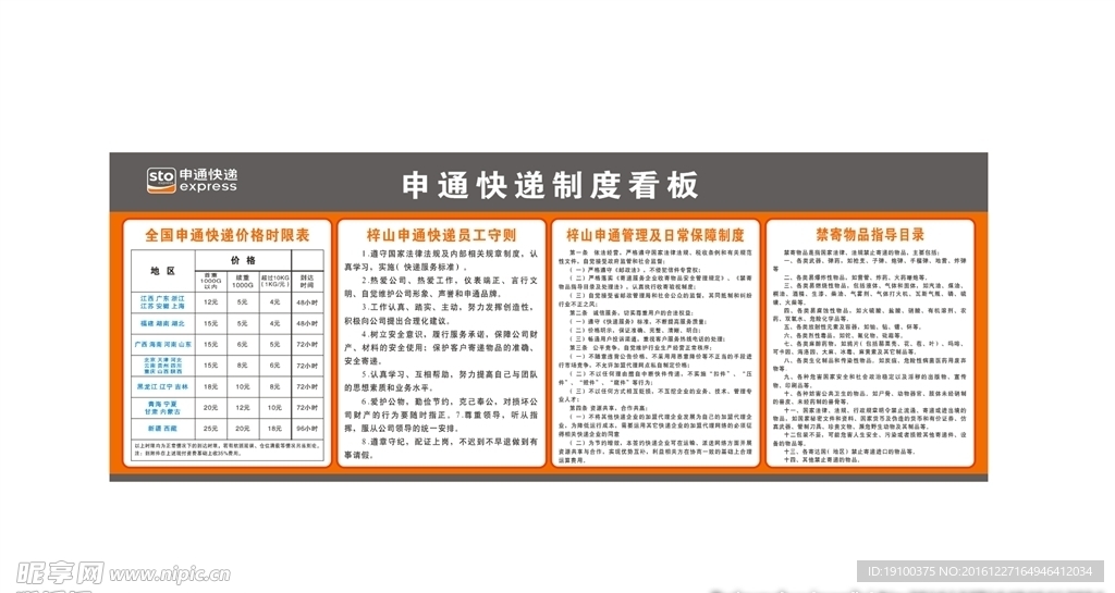 申通快递收费标准展板